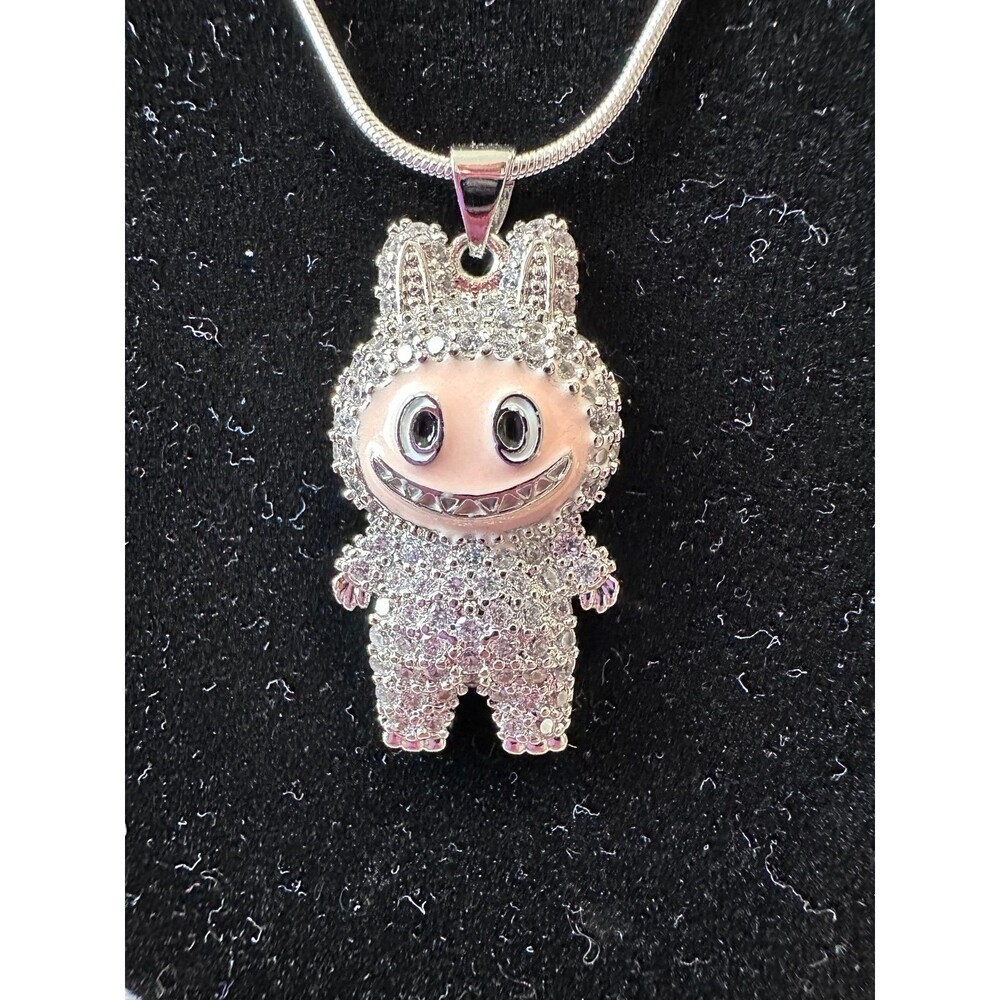 Labubu Monsters Pendant Necklace Clear Crystals in Silver tone Chain 16” + 2”